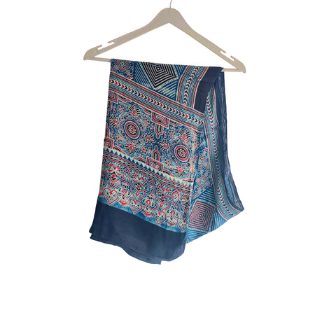 Navy Blue Ajrakh Hand Block Print Modal Silk Stole – full flat view