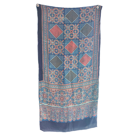 Navy Blue Ajrakh Hand Block Print Modal Silk Stole – close-up of the hand block print border