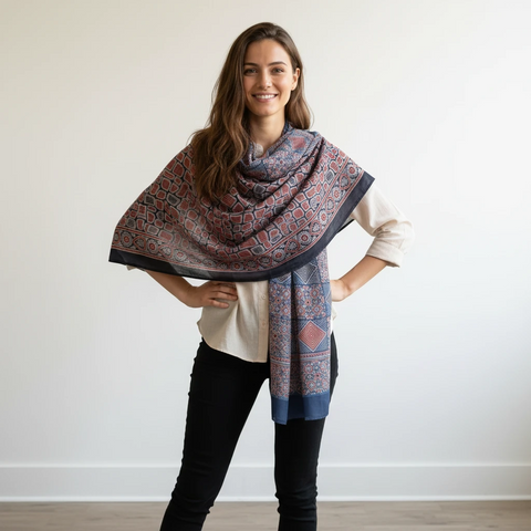 Ajrakh Hand Block Print Modal Silk Stole, Navy Coral Ivory, Diamond Mosaic Geometric
