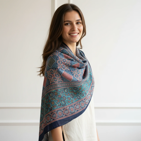 Ajrakh Hand Block Print Modal Silk Stole, Navy Coral Ivory, Diamond Mosaic Geometric