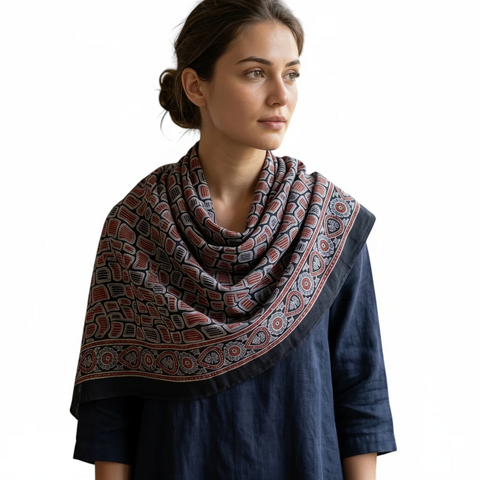Ajrakh Hand Block Print Modal Silk Stole, Coral Red Navy Ivory, Diamond Mosaic Geometric