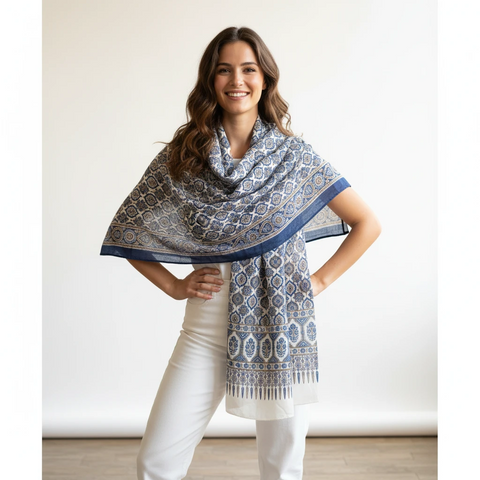 Ajrakh Hand Block Print Modal Silk Stole, Ivory Steel Blue Ochre, Ogee Lattice Floral