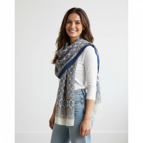 Ajrakh Hand Block Print Modal Silk Stole, Ivory Steel Blue Ochre, Ogee Lattice Floral