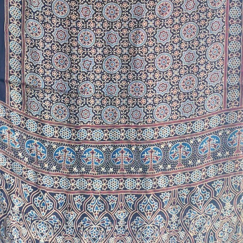 Navy Blue Ajrakh Hand Block Print Modal Silk Stole – full flat view