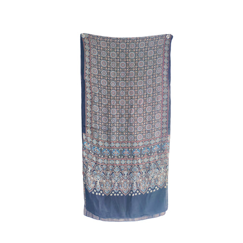 Navy Blue Ajrakh Hand Block Print Modal Silk Stole – draped and worn view