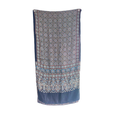 Navy Blue Ajrakh Hand Block Print Modal Silk Stole – close-up of the hand block print border