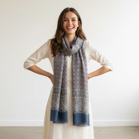 Ajrakh Hand Block Print Modal Silk Stole, Navy Dusty Rose Ivory, Rosette Lattice Floral