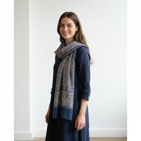 Ajrakh Hand Block Print Modal Silk Stole, Navy Dusty Rose Ivory, Rosette Lattice Floral