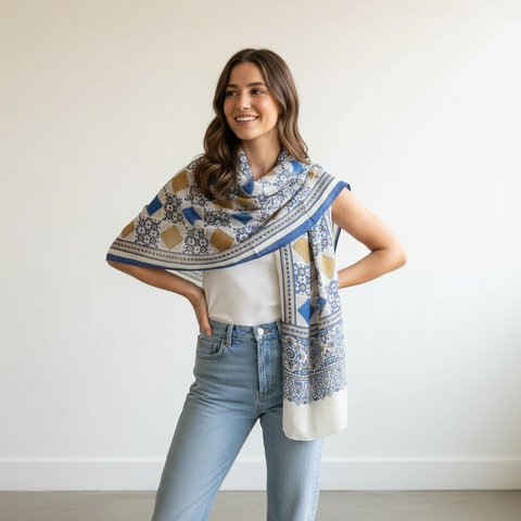 Ajrakh Hand Block Print Modal Silk Stole, Ivory Sky Blue Mustard, Diamond Mosaic Geometric