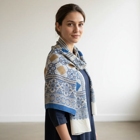Ajrakh Hand Block Print Modal Silk Stole, Ivory Sky Blue Mustard, Diamond Mosaic Geometric