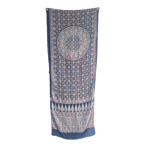 Navy Blue Ajrakh Hand Block Print Modal Silk Stole – draped and worn view