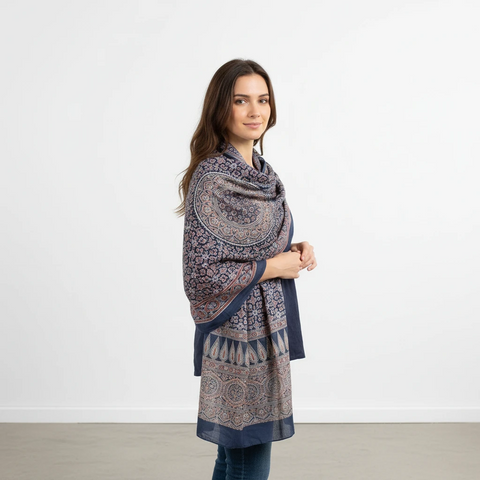 Ajrakh Hand Block Print Modal Silk Stole, Navy Rust Cream, Floral Trellis Leaf Border