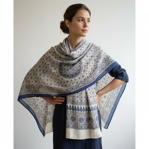 Ajrakh Hand Block Print Modal Silk Stole, Ivory Cobalt Gold, Floral Trellis Leaf Border