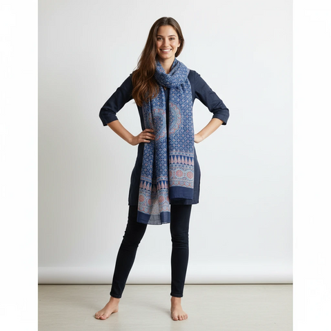 Ajrakh Hand Block Print Modal Silk Stole, Cobalt Blue Ivory Maroon, Floral Trellis Leaf Border