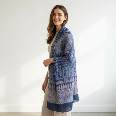 Ajrakh Hand Block Print Modal Silk Stole, Cobalt Blue Ivory Maroon, Floral Trellis Leaf Border