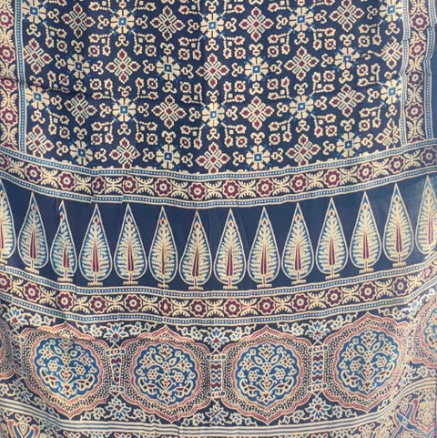 Midnight Navy Ajrakh Hand Block Print Modal Silk Stole – full flat view