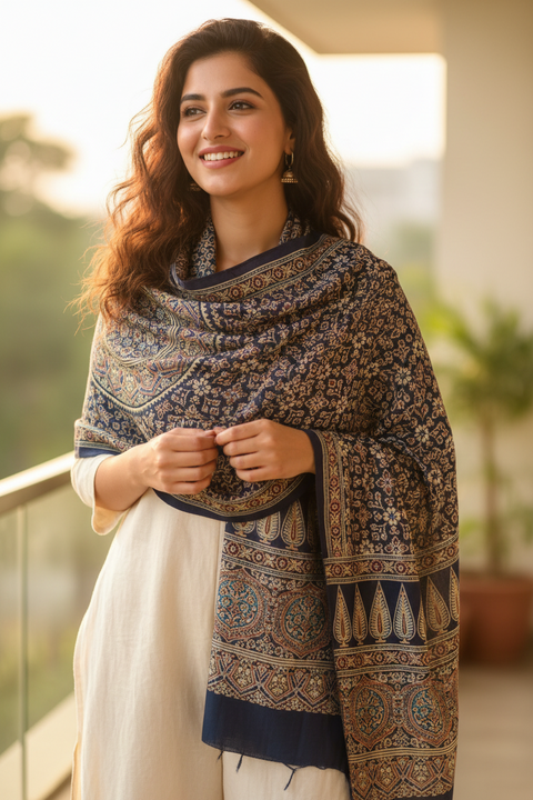 Ajrakh Hand Block Print Modal Silk Stole, Midnight Navy Ivory Maroon, Floral Trellis Leaf Border