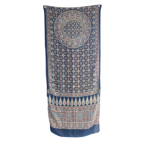 Midnight Navy Ajrakh Hand Block Print Modal Silk Stole – draped and worn view