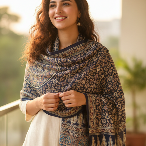 Ajrakh Hand Block Print Modal Silk Stole, Midnight Navy Ivory Maroon, Floral Trellis Leaf Border