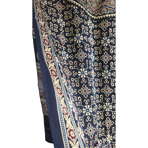 Midnight Navy Ajrakh Hand Block Print Modal Silk Stole – close-up of the hand block print border