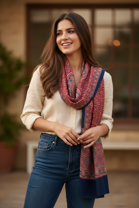 Ajrakh Hand Block Print Modal Silk Stole, Maroon Red Ivory Navy, Floral Trellis Leaf Border