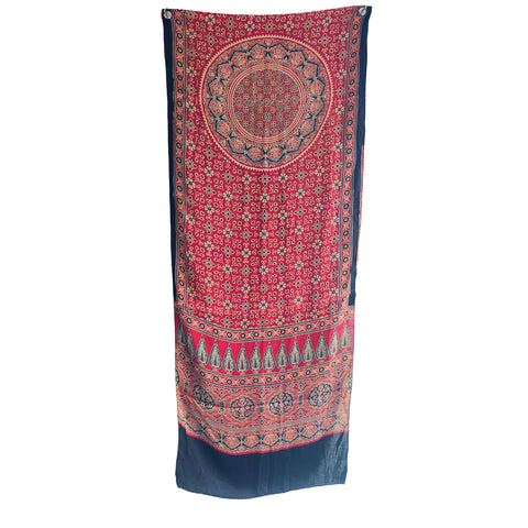 Maroon Red Ajrakh Hand Block Print Modal Silk Stole – draped and worn view