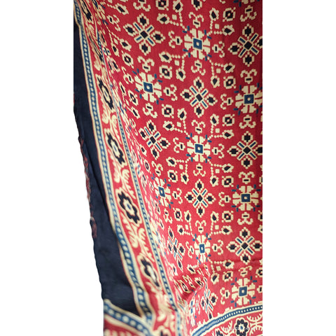 Maroon Red Ajrakh Hand Block Print Modal Silk Stole – close-up of the hand block print border