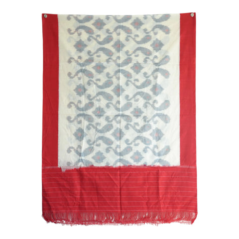 White handwoven Ikkat cotton dupatta with grey-blue paisley motifs and red border - Indiascarves ISYVIK-A