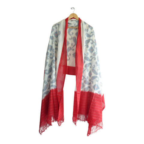 Close-up of grey-blue paisley Ikkat weave pattern on white cotton dupatta - ISYVIK-A