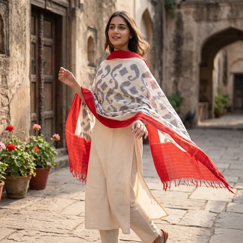 White Red Ikkat Cotton Dupatta | Handwoven Paisley Motif | 250x90cm