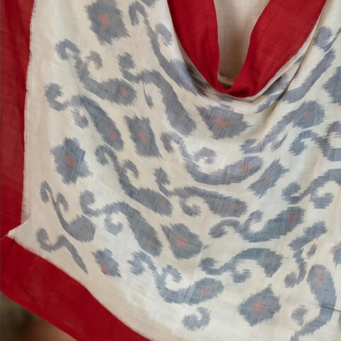 White Red Ikkat Cotton Dupatta | Handwoven Paisley Motif | 250x90cm