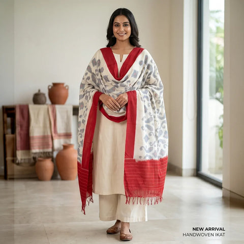White Red Ikkat Cotton Dupatta | Handwoven Paisley Motif | 250x90cm