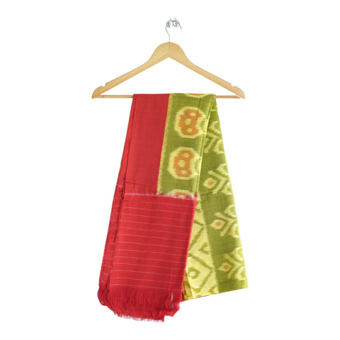 Olive green handwoven Ikkat cotton dupatta with amber geometric motifs and red border - Indiascarves ISYVIK-B
