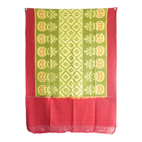 Close-up of amber circular Ikkat motif on olive green cotton dupatta - ISYVIK-B
