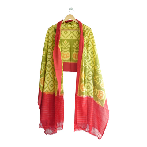 Draped view of olive green Ikkat dupatta showing red border and fringe pallu - ISYVIK-B