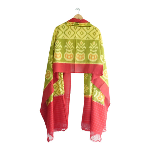 Full view of olive green and red handwoven Ikkat cotton dupatta - ISYVIK-B