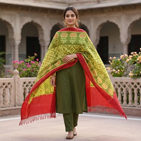 Olive Green Red Ikkat Cotton Dupatta | Handwoven Geometric Motif | 250x90cm