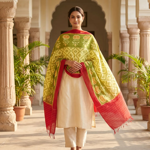 Olive Green Red Ikkat Cotton Dupatta | Handwoven Geometric Motif | 250x90cm