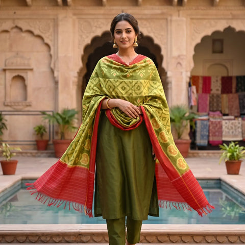 Olive Green Red Ikkat Cotton Dupatta | Handwoven Geometric Motif | 250x90cm
