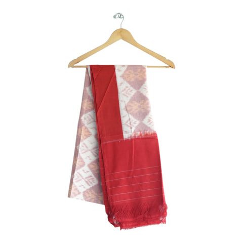 White handwoven Ikkat cotton dupatta with pink-mauve diamond pattern and red border - Indiascarves ISYVIK-C