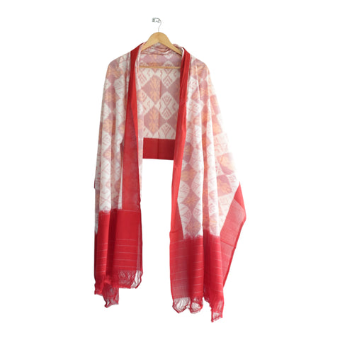 Draped view of white and pink Ikkat cotton dupatta with red border - ISYVIK-C