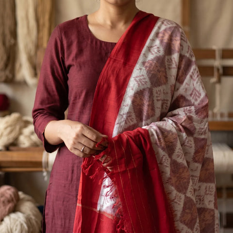 White Pink Ikkat Cotton Dupatta | Handwoven Diamond Pattern | 250x90cm