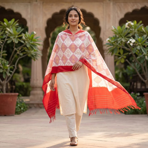 White Pink Ikkat Cotton Dupatta | Handwoven Diamond Pattern | 250x90cm