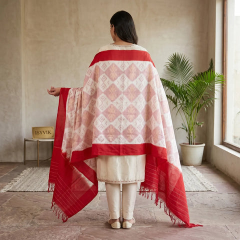 White Pink Ikkat Cotton Dupatta | Handwoven Diamond Pattern | 250x90cm