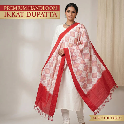 White Pink Ikkat Cotton Dupatta | Handwoven Diamond Pattern | 250x90cm
