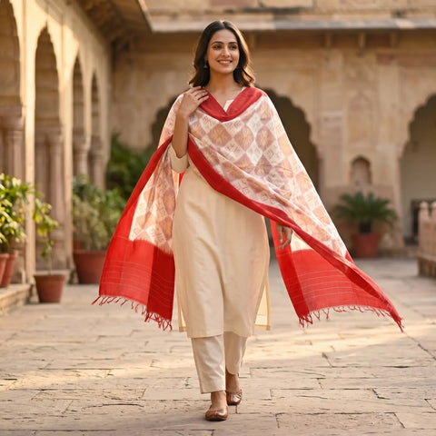 White Pink Ikkat Cotton Dupatta | Handwoven Diamond Pattern | 250x90cm