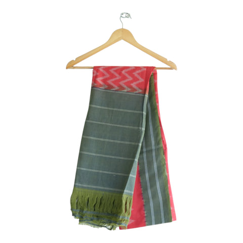 Teal green handwoven Ikkat cotton dupatta with coral red chevron border - Indiascarves ISYVIK-D