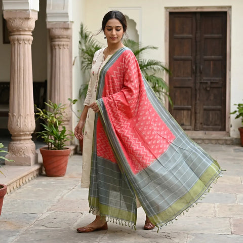 Grey Green Coral Ikkat Cotton Dupatta | Handwoven Chevron Design | 250x90cm