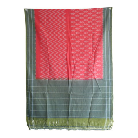 Close-up of coral red chevron Ikkat weave pattern on teal green dupatta - ISYVIK-D
