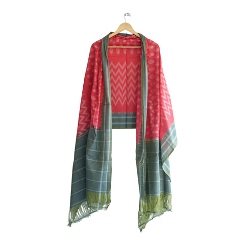 Draped view of teal green Ikkat cotton dupatta with coral chevron border - ISYVIK-D